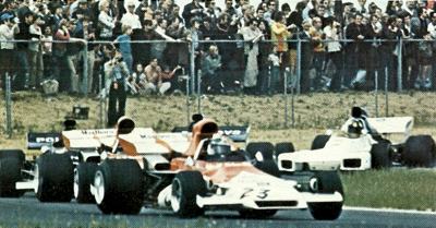 Beltoise's BRM P160 leads a group of cars in the 1972 Belgian Grand Prix